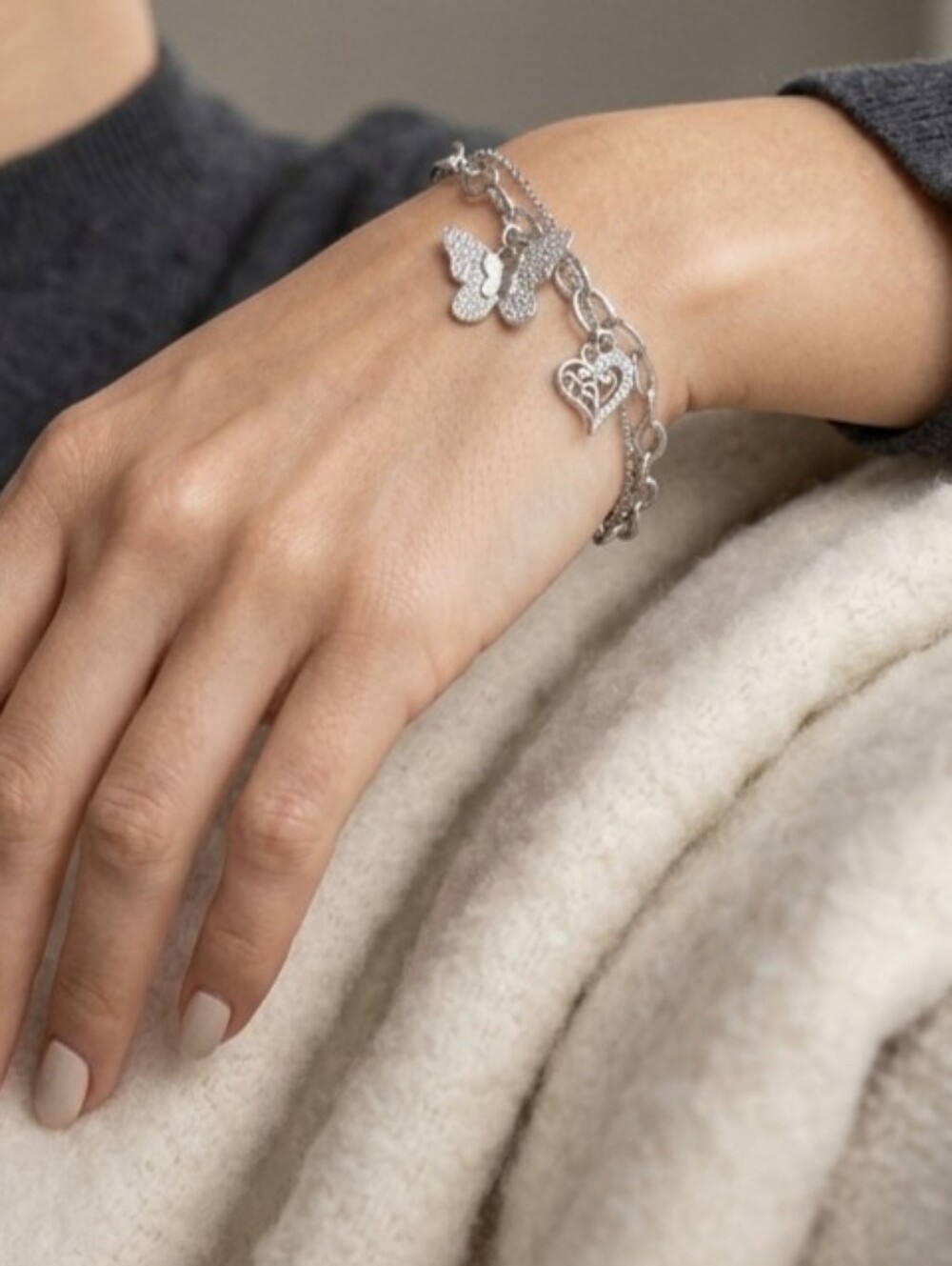 Silver Butterfly & Heart Charm Bracelet